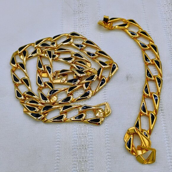 Chunky 1980s block black & gold tone necklace with matching bracelet - Picture 6 of 12